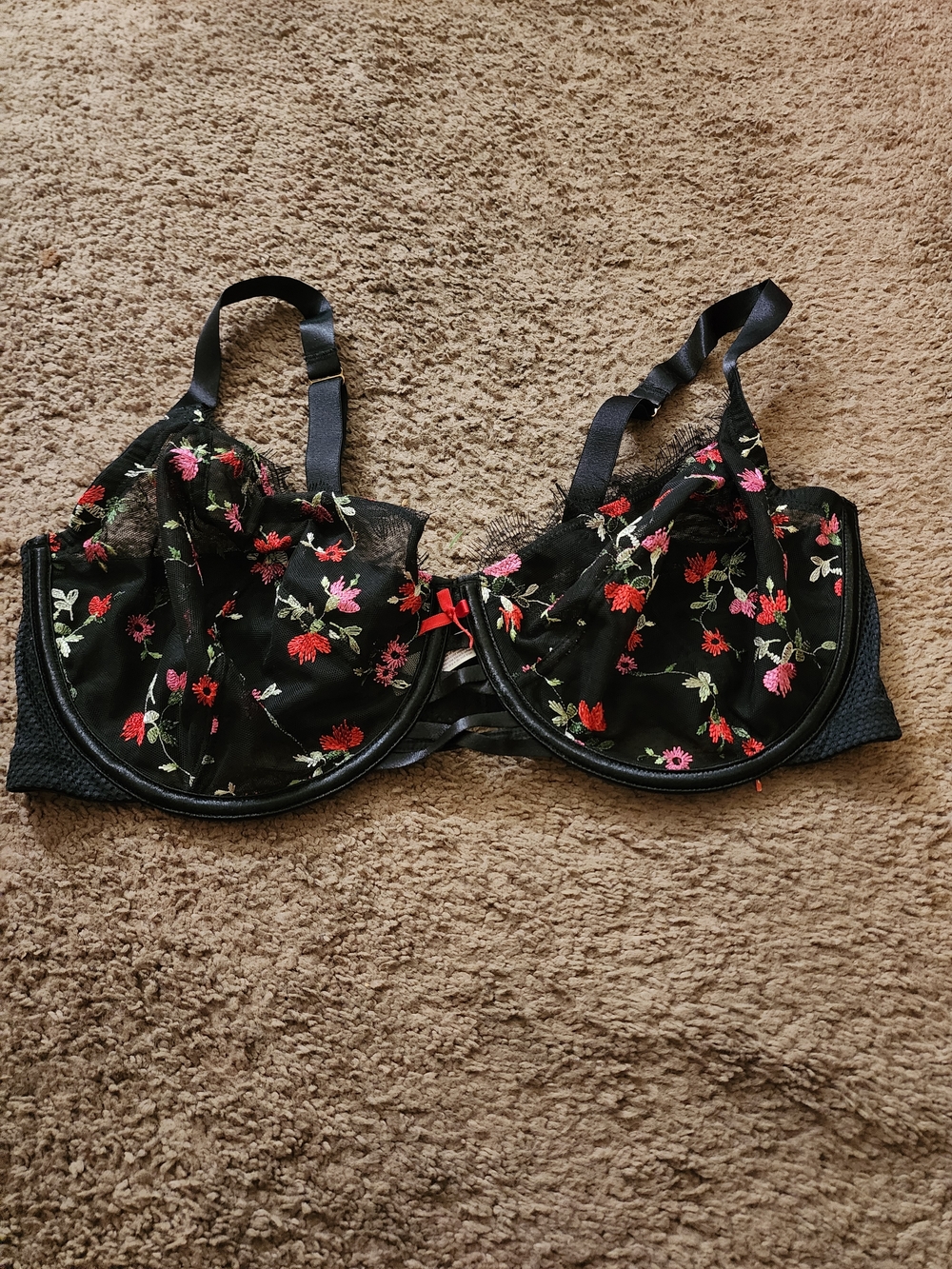 Cacique Black Sheer Bra with Red & Pink Floral Embroidery